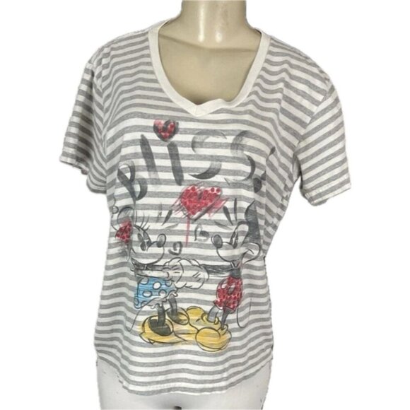 Disney XL Gray Striped Mickey/Minnie Mouse Glitter Graphic Short Sleeve T-Shirt - Picture 3 of 6